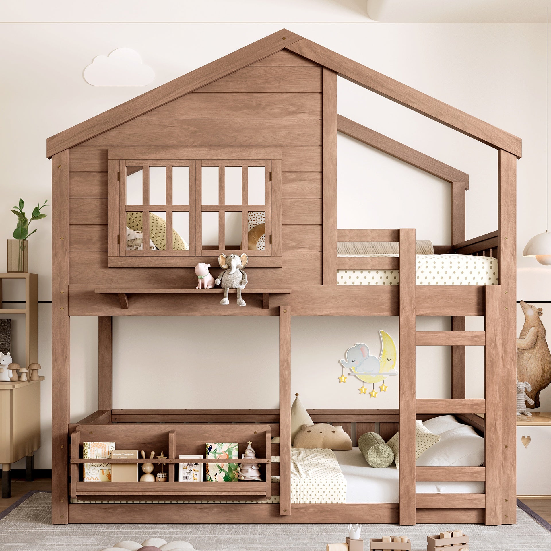 Twin Size Bunk Bed/Loft Bed with Bookshelf, House Design, High-Quality Safety Fencing,Natural