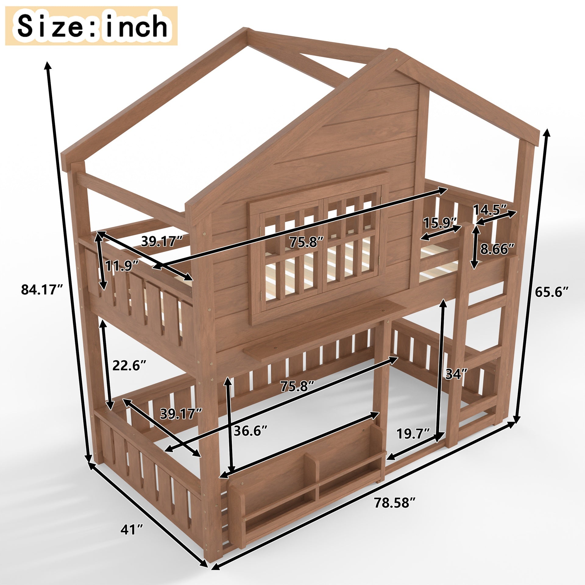 Twin Size Bunk Bed/Loft Bed with Bookshelf, House Design, High-Quality Safety Fencing,Natural