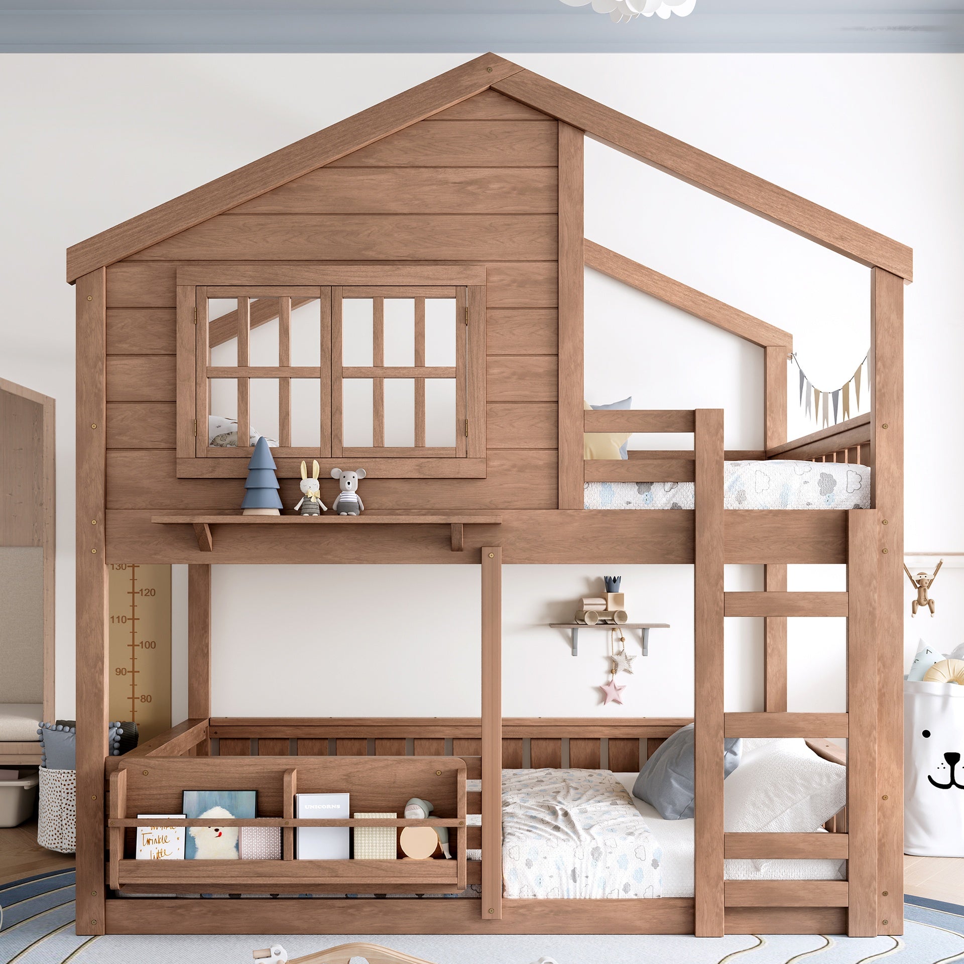 Full Size Bunk Bed/Loft Bed with Bookshelf, House Design, High-Quality Safety Fencing, Natural