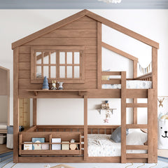 Full Size Bunk Bed/Loft Bed with Bookshelf, House Design, High-Quality Safety Fencing, Natural
