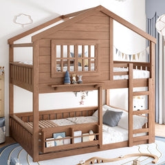 Full Size Bunk Bed/Loft Bed with Bookshelf, House Design, High-Quality Safety Fencing, Natural