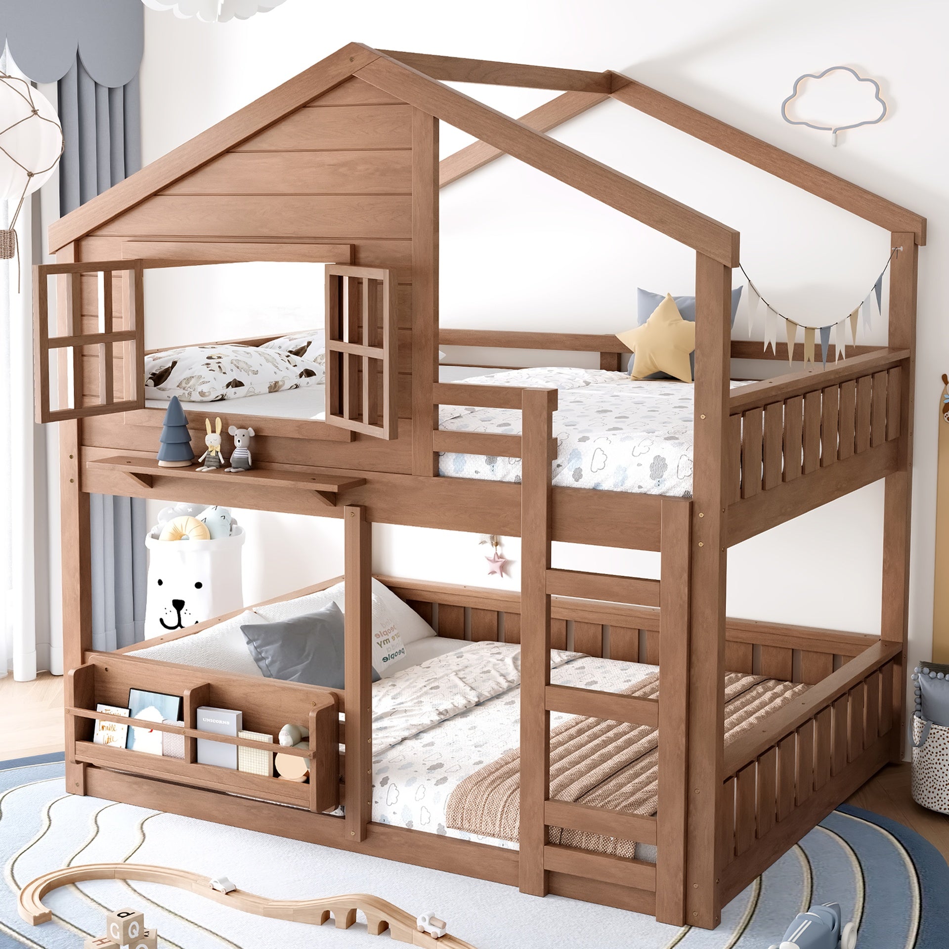 Full Size Bunk Bed/Loft Bed with Bookshelf, House Design, High-Quality Safety Fencing, Natural