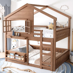 Full Size Bunk Bed/Loft Bed with Bookshelf, House Design, High-Quality Safety Fencing, Natural