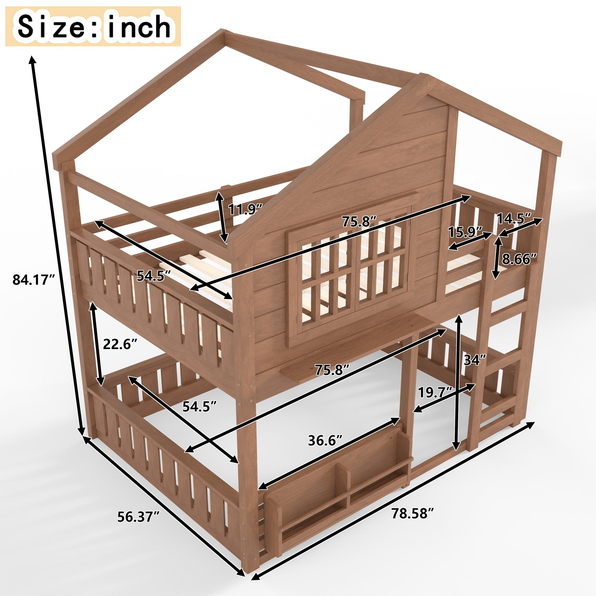 Full Size Bunk Bed/Loft Bed with Bookshelf, House Design, High-Quality Safety Fencing, Natural