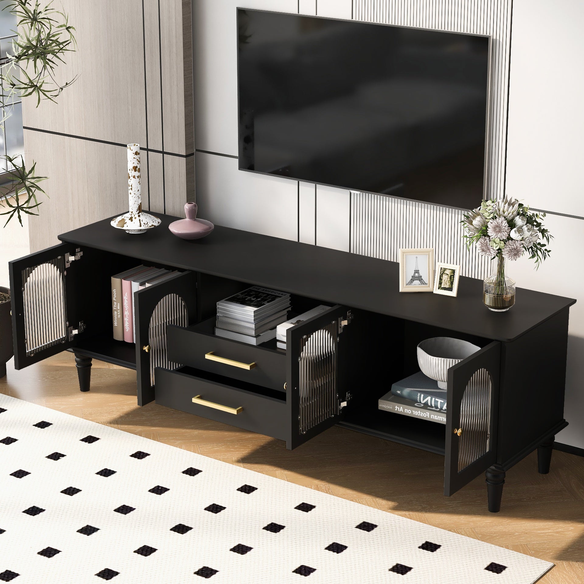 VIBE HAUS 68.9'' Retro TV Stand for TVs up to 75 Inches, Entertainment Center Media Console with Fluted Glass Doors and Five Solid Wood Legs for Living room