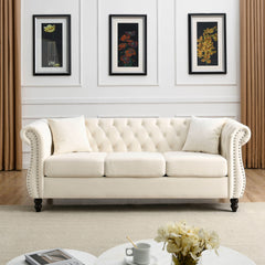 80" Chesterfield Sofa Beige Velvet for Living Room, 3 Seater Sofa Tufted Couch with Rolled Arms and Nailhead for Living Room, Bedroom, Office, Apartment, two pillowsW834S00008