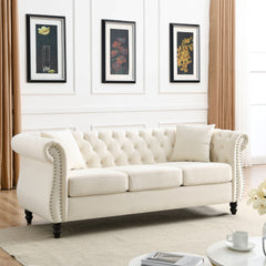 80" Chesterfield Sofa Beige Velvet for Living Room, 3 Seater Sofa Tufted Couch with Rolled Arms and Nailhead for Living Room, Bedroom, Office, Apartment, two pillowsW834S00008