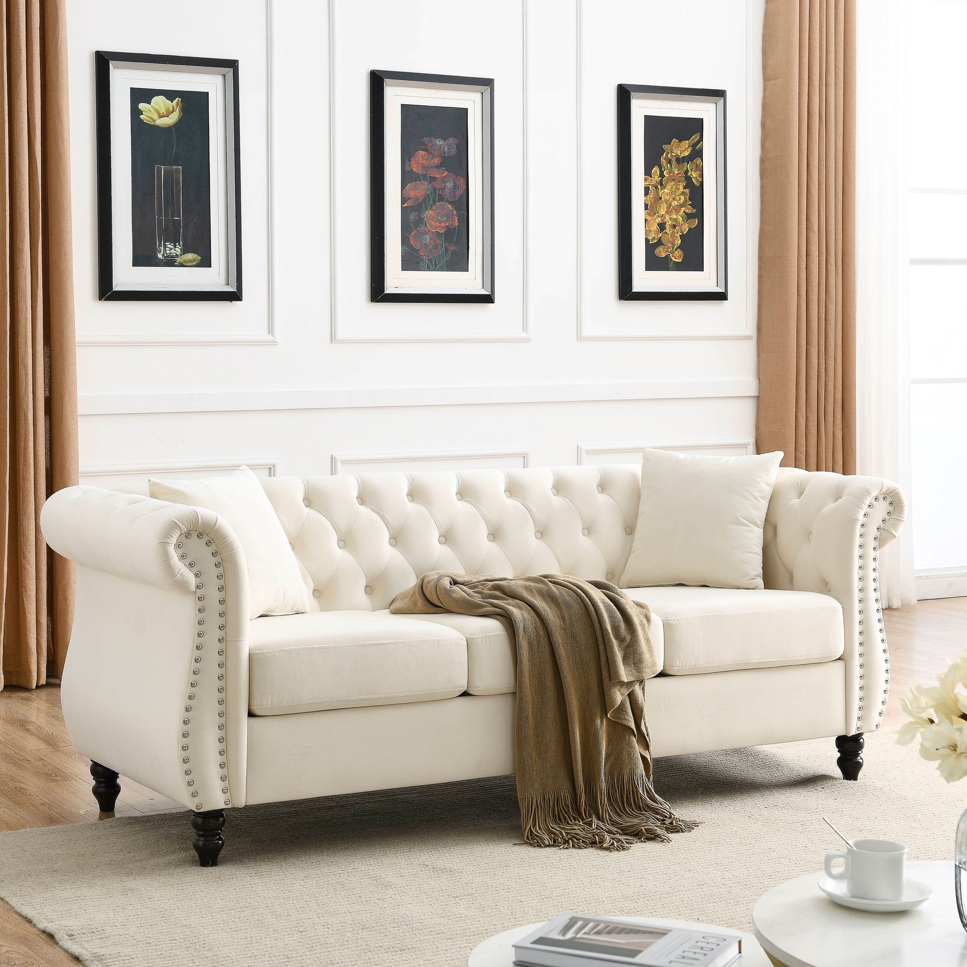 80" Chesterfield Sofa Beige Velvet for Living Room, 3 Seater Sofa Tufted Couch with Rolled Arms and Nailhead for Living Room, Bedroom, Office, Apartment, two pillowsW834S00008