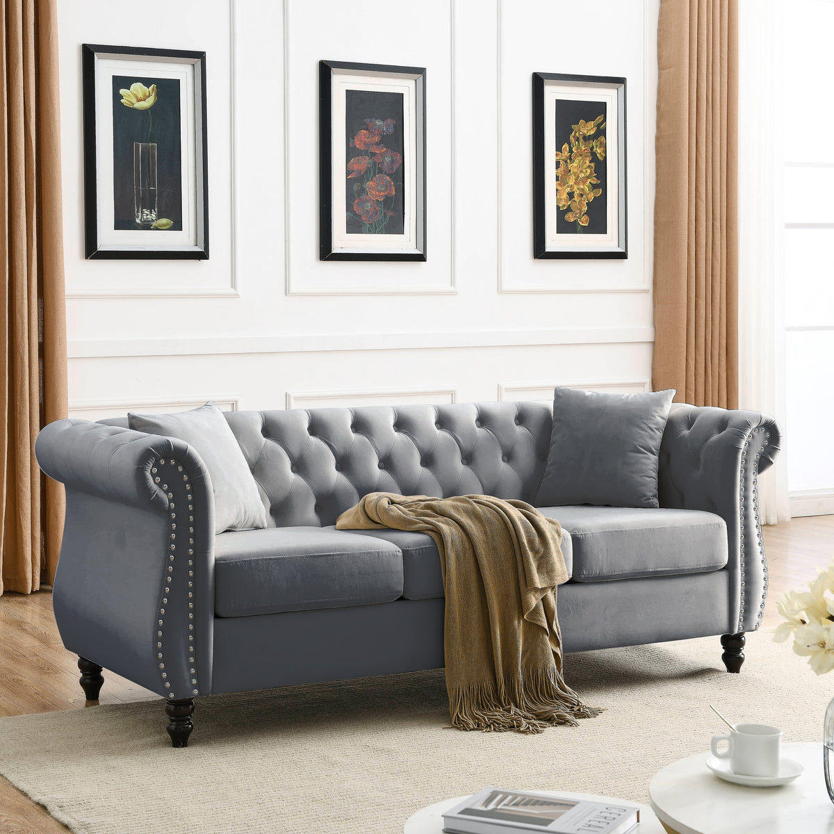 80" Chesterfield Sofa Grey Velvet for Living Room, 3 Seater Sofa Tufted Couch with Rolled Arms and Nailhead for Living Room, Bedroom, Office, Apartment, two pillowsW834S00009