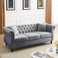 80" Chesterfield Sofa Grey Velvet for Living Room, 3 Seater Sofa Tufted Couch with Rolled Arms and Nailhead for Living Room, Bedroom, Office, Apartment, two pillowsW834S00009