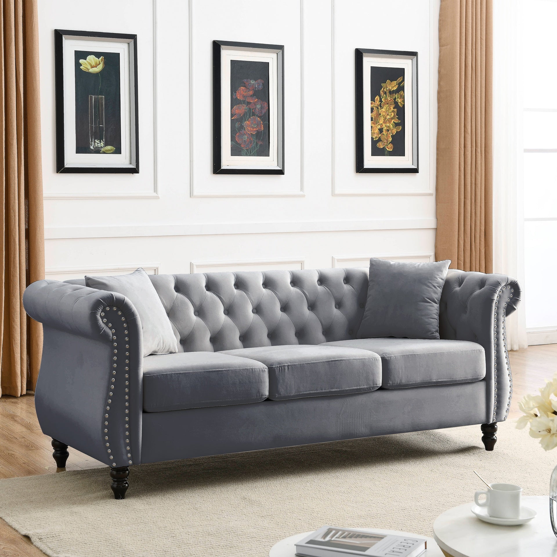 80" Chesterfield Sofa Grey Velvet for Living Room, 3 Seater Sofa Tufted Couch with Rolled Arms and Nailhead for Living Room, Bedroom, Office, Apartment, two pillowsW834S00009