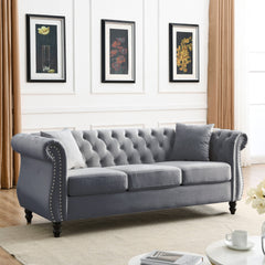 80" Chesterfield Sofa Grey Velvet for Living Room, 3 Seater Sofa Tufted Couch with Rolled Arms and Nailhead for Living Room, Bedroom, Office, Apartment, two pillowsW834S00009