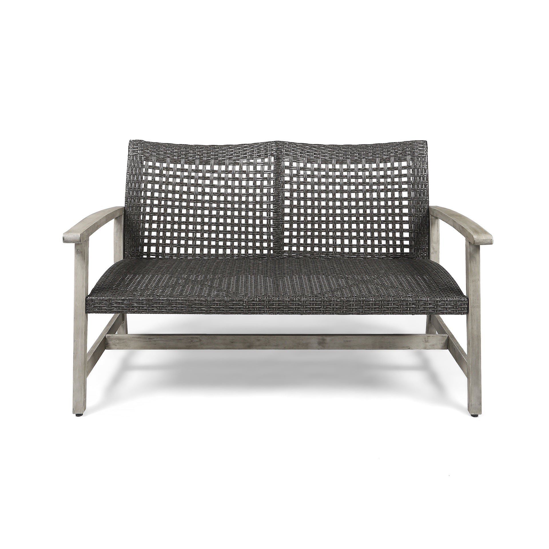 HAMPTON Outdoor Acacia Wood Wicker Loveseat, Patio Furniture Conversation Set for Backyard