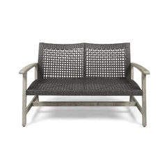 HAMPTON Outdoor Acacia Wood Wicker Loveseat, Patio Furniture Conversation Set for Backyard