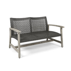 HAMPTON Outdoor Acacia Wood Wicker Loveseat, Patio Furniture Conversation Set for Backyard