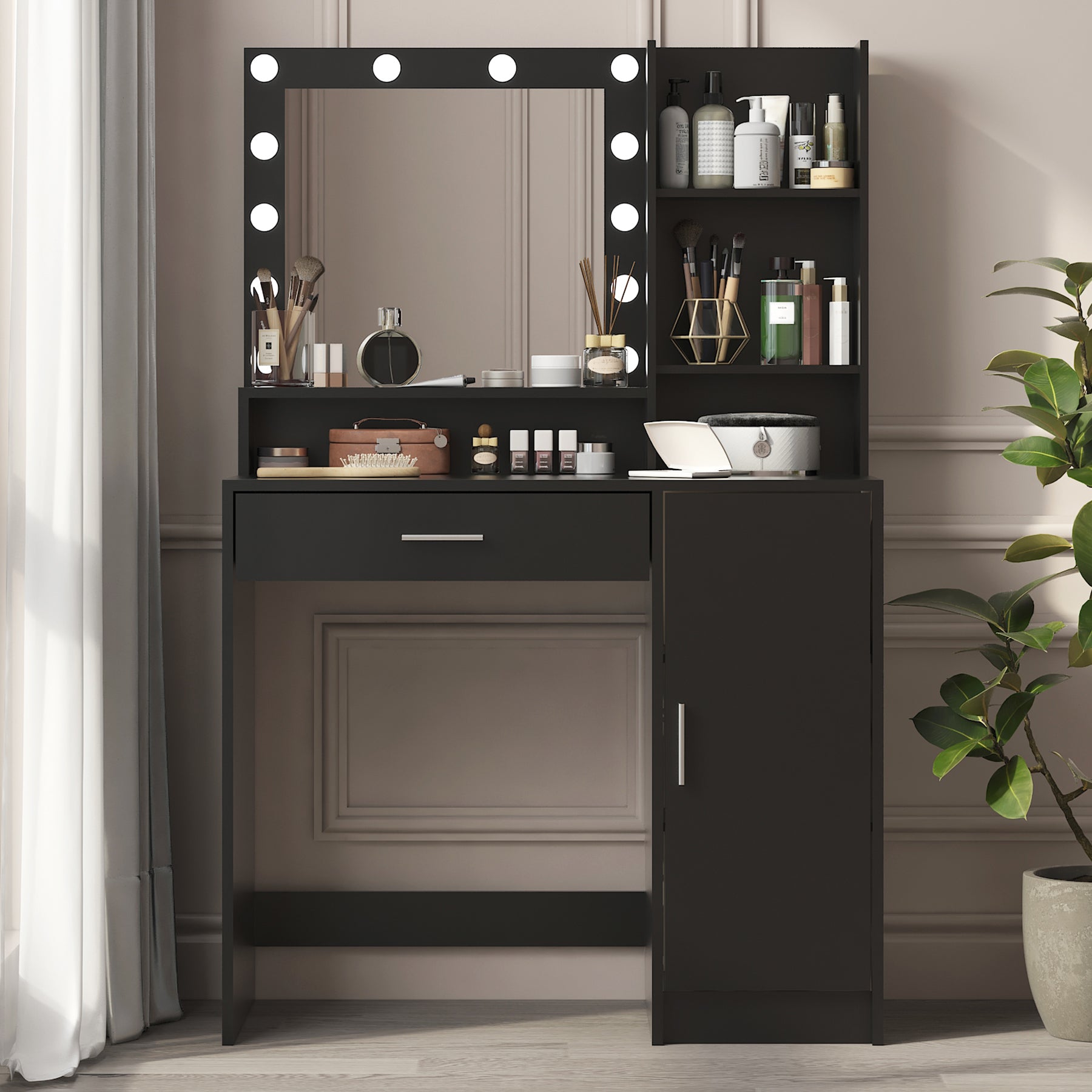 Vanity Desk with Mirror & Light, Large Drawer Three Level Storage Dresser, 3 Lighting Modes Adjustable Brightness, Bedroom Dressing Table(black)