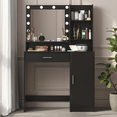 Vanity Desk with Mirror & Light, Large Drawer Three Level Storage Dresser, 3 Lighting Modes Adjustable Brightness, Bedroom Dressing Table(black)