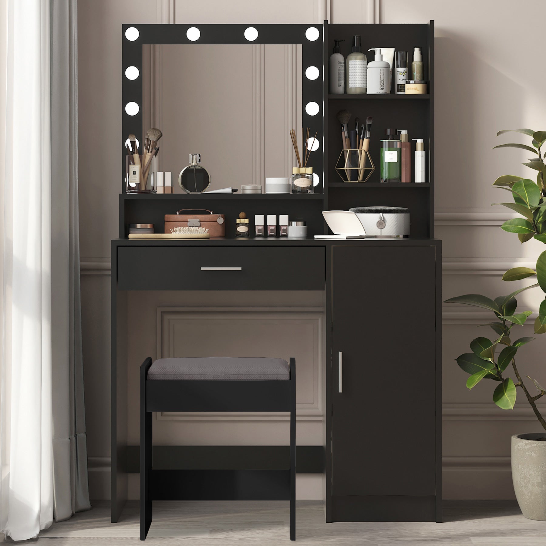 Vanity Desk with Mirror & Light, Large Drawer Three Level Storage Dresser, 3 Lighting Modes Adjustable Brightness, Bedroom Dressing Table(black)