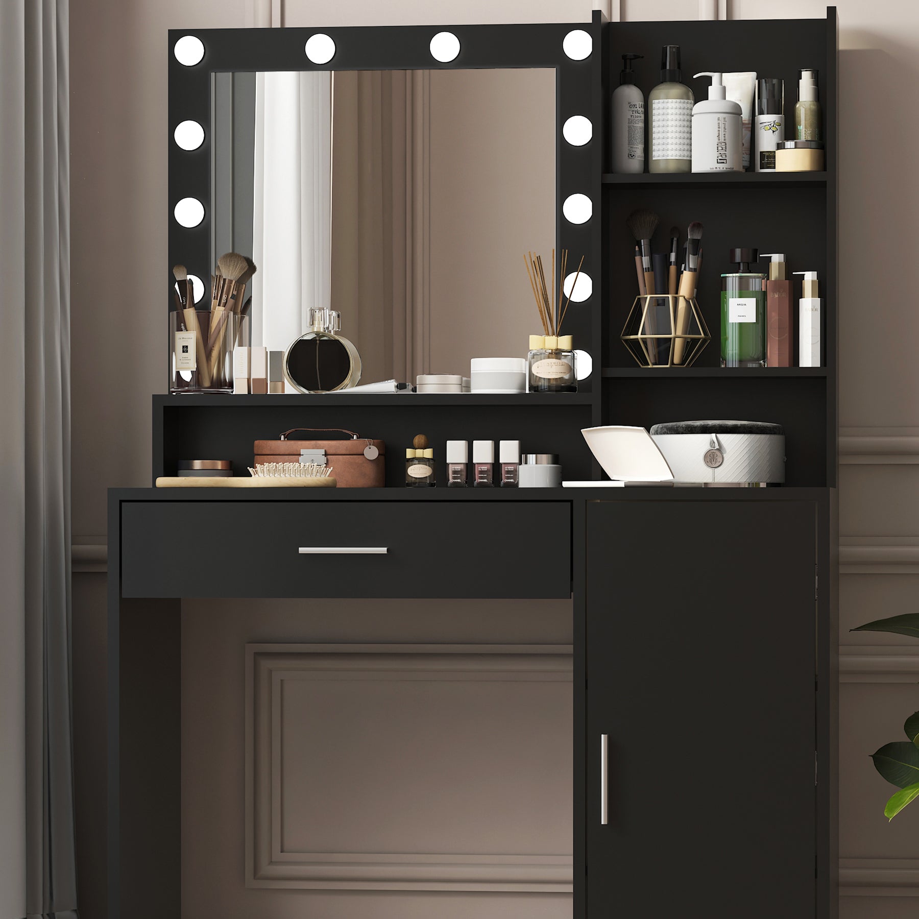 Vanity Desk with Mirror & Light, Large Drawer Three Level Storage Dresser, 3 Lighting Modes Adjustable Brightness, Bedroom Dressing Table(black)