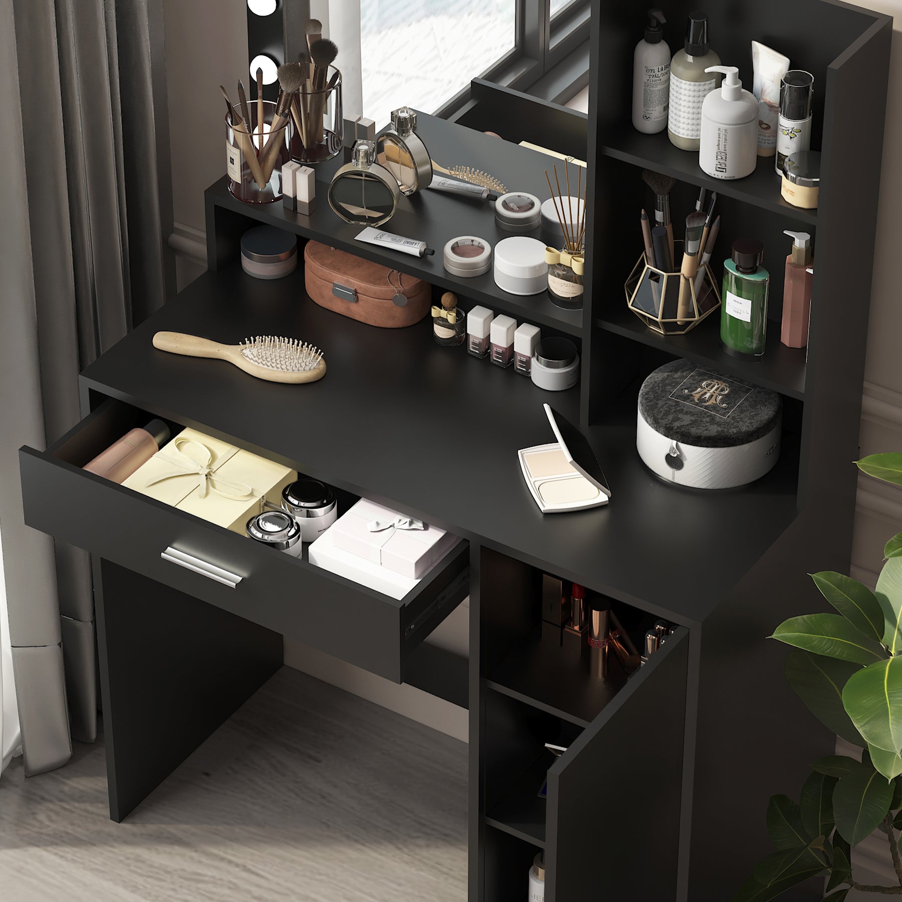 Vanity Desk with Mirror & Light, Large Drawer Three Level Storage Dresser, 3 Lighting Modes Adjustable Brightness, Bedroom Dressing Table(black)
