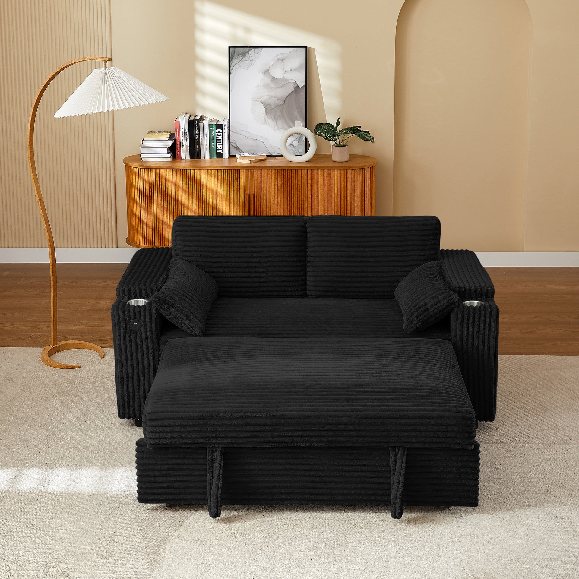 Black Loveseat Sleeper Sofa with Storage Armrest ,USB Port