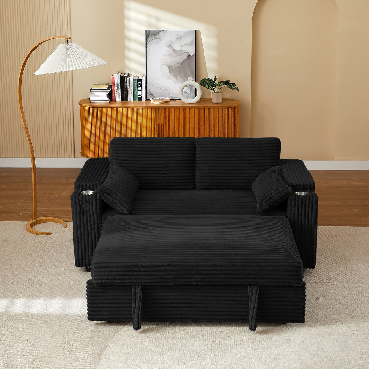 Black Loveseat Sleeper Sofa with Storage Armrest ,USB Port