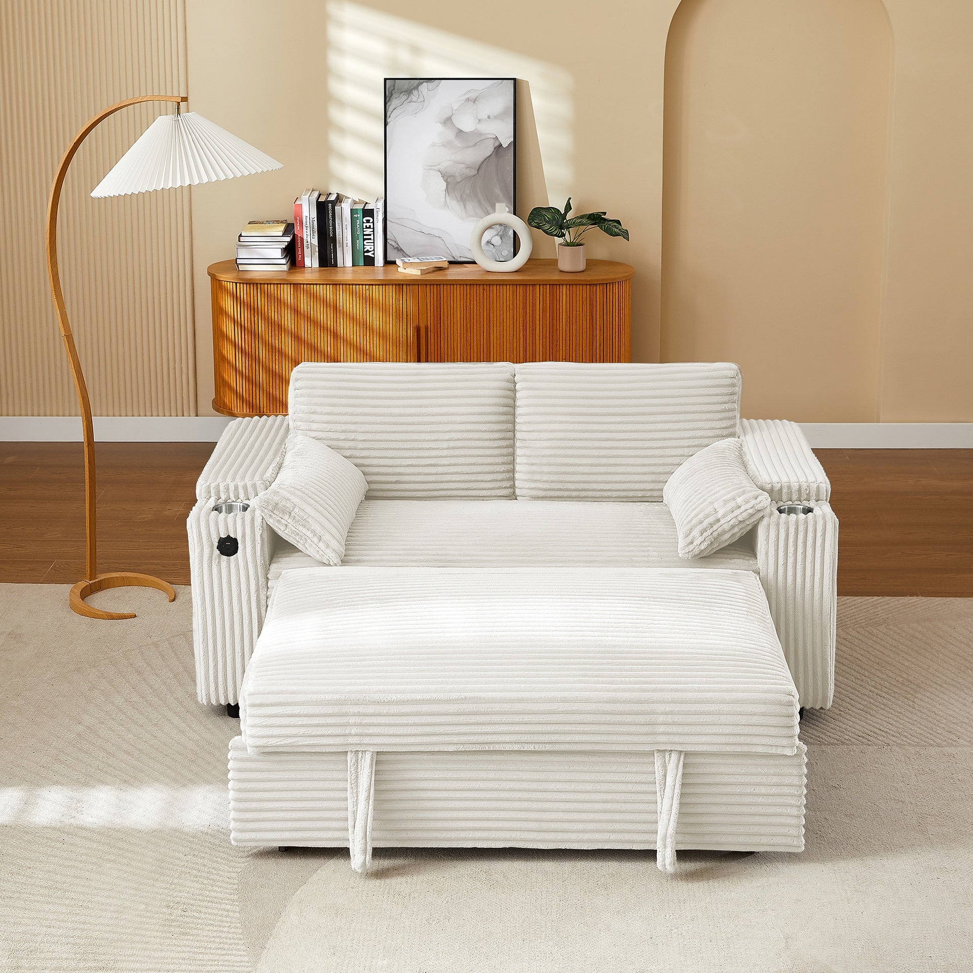Beige Loveseat Sleeper Sofa with Storage Armrest ,USB Port