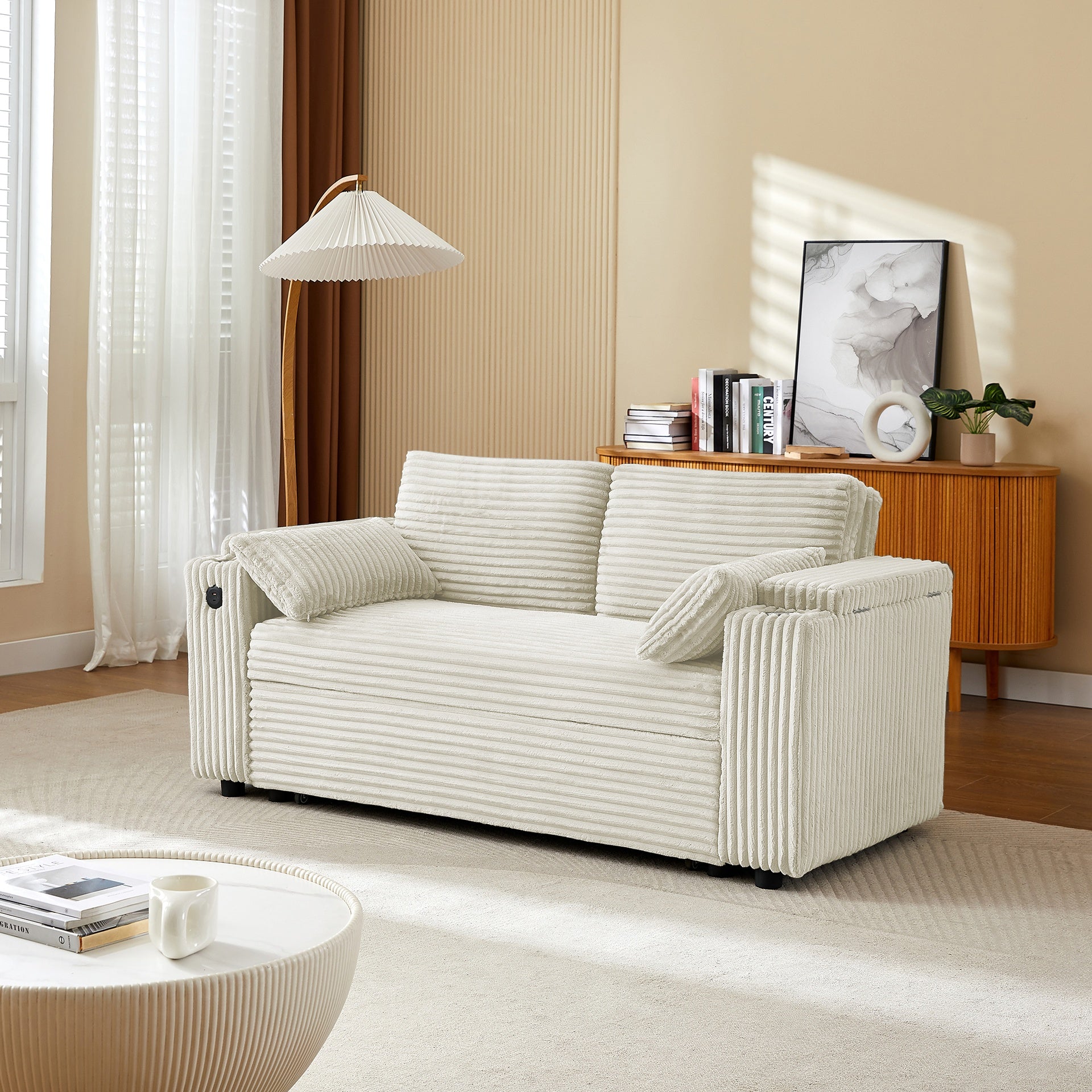 Beige Loveseat Sleeper Sofa with Storage Armrest ,USB Port