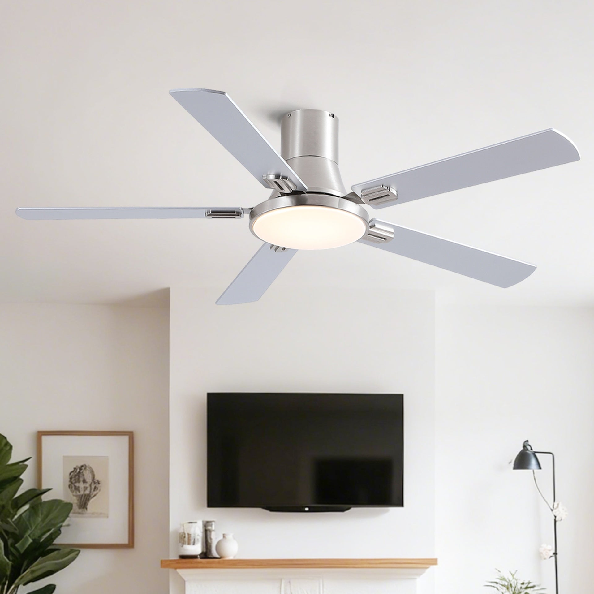 52 inch Mordern Brushed Nickel Flush Mount Ceiling Fan with Light and Remote Control