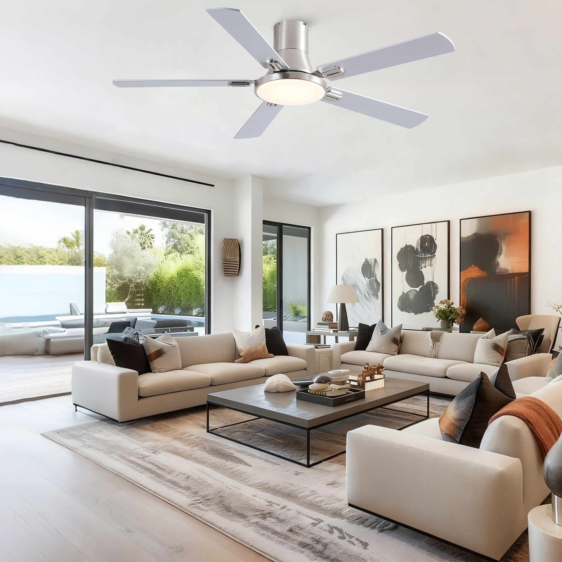 52 inch Mordern Brushed Nickel Flush Mount Ceiling Fan with Light and Remote Control