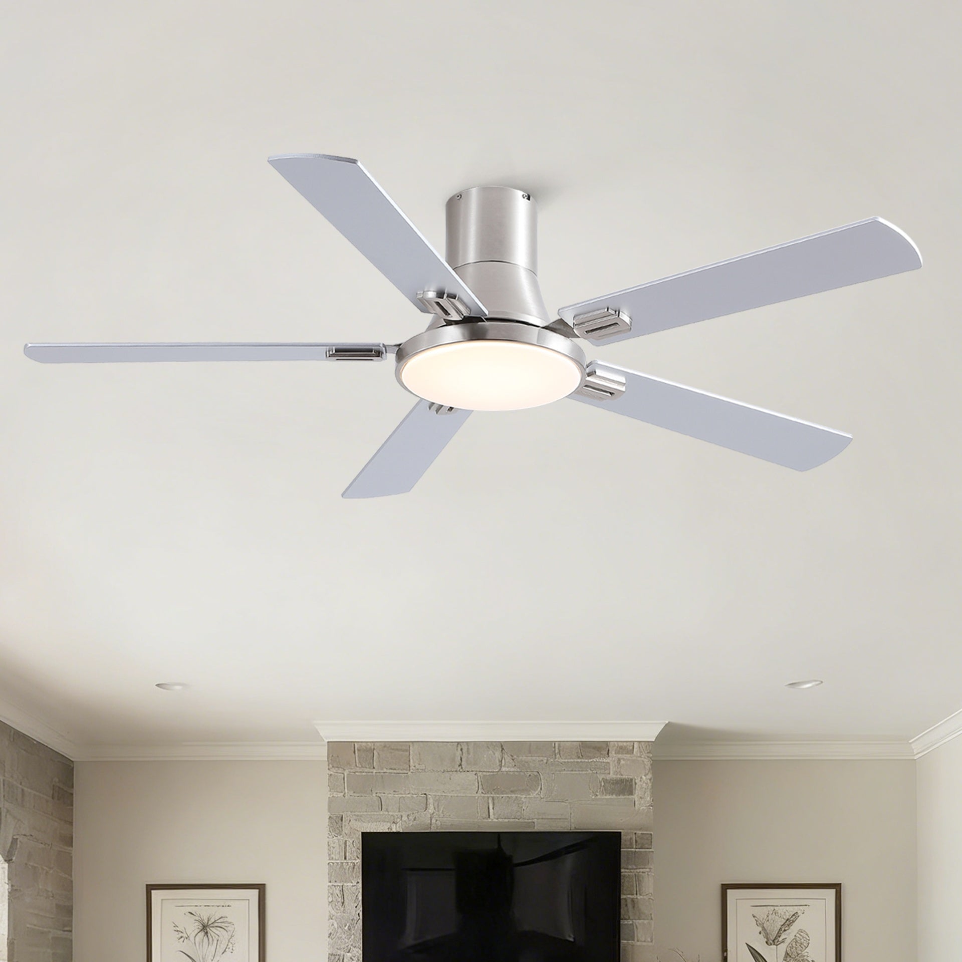52 inch Mordern Brushed Nickel Flush Mount Ceiling Fan with Light and Remote Control