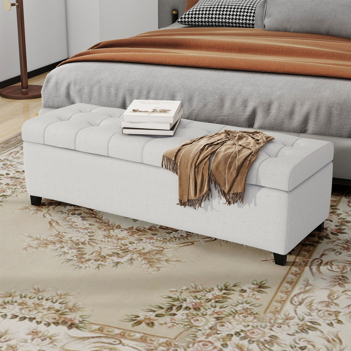 Upholstered Storage Ottoman Bench, Entryway Bench, End of Bed Bench, Ottoman Foot Rest for Bedroom, Light Grey, 300lbs
