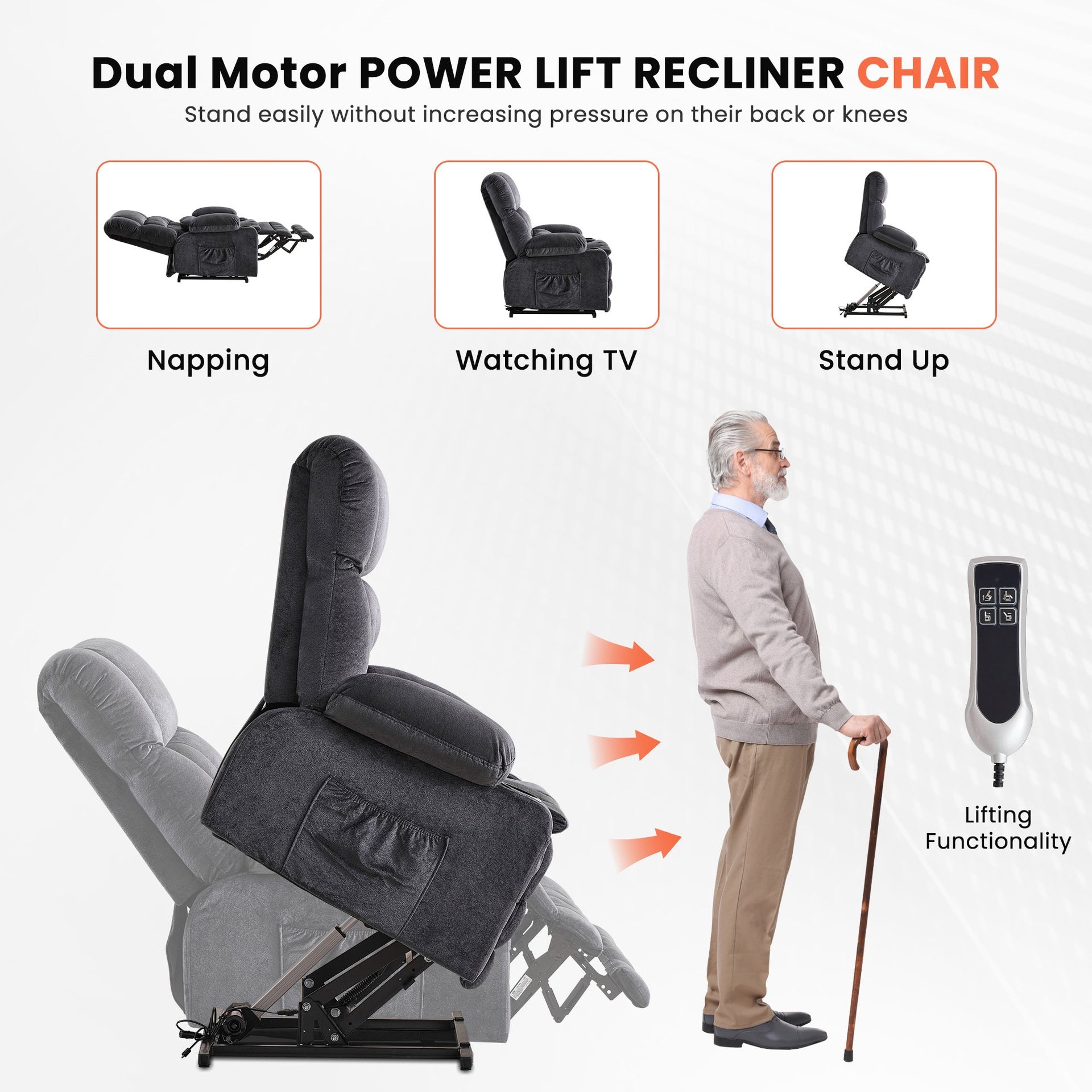 Dual Motor Large Power Lift Recliner Chair for Elderly, Lay Flat Lift Chair with knead the waist and heat, Big Lift Recliner for Tall People, Cup Holders,GREY