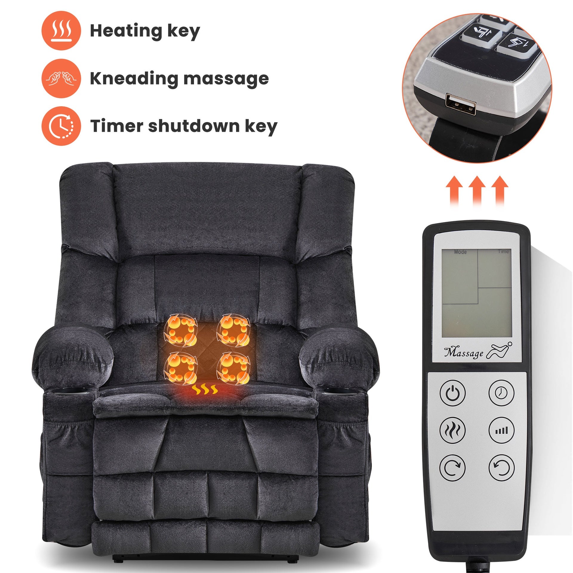 Dual Motor Large Power Lift Recliner Chair for Elderly, Lay Flat Lift Chair with knead the waist and heat, Big Lift Recliner for Tall People, Cup Holders,GREY
