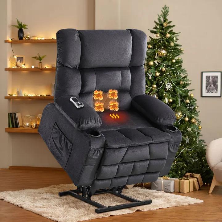 Dual Motor Large Power Lift Recliner Chair for Elderly, Lay Flat Lift Chair with knead the waist and heat, Big Lift Recliner for Tall People, Cup Holders,GREY