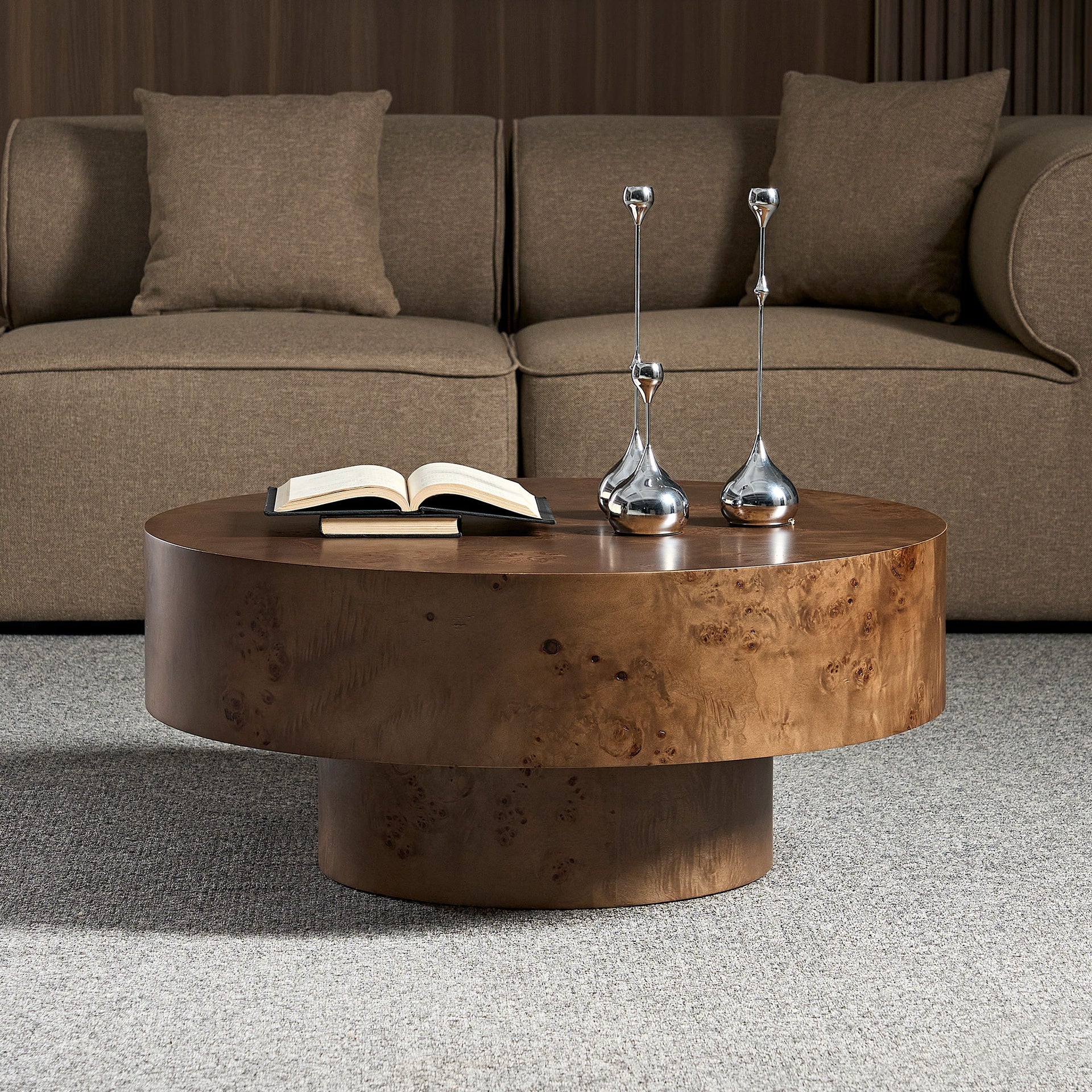 31.49'' Burl Wood Veneer Coffee table and Sturdy Pedestal for Living Room Office Apartment Walnut