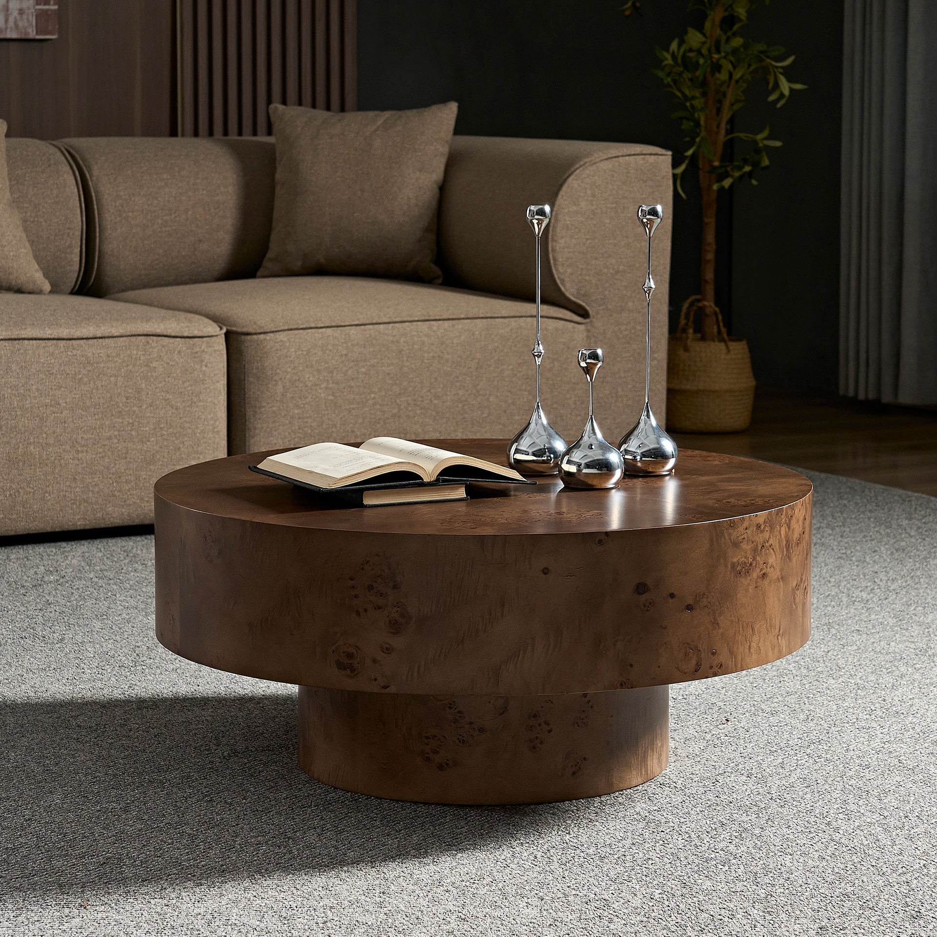 31.49'' Burl Wood Veneer Coffee table and Sturdy Pedestal for Living Room Office Apartment Walnut