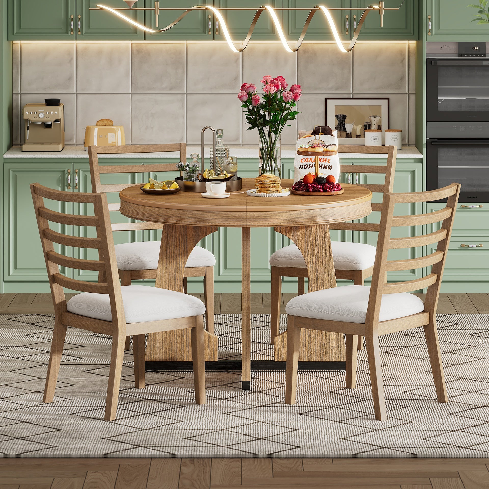 TREXM Round Dining Table for 4 with Chairs Set, Extendable Dining Table Set with 16" Removable Middle Leaf, 5 Piece Retro Dining Table Set Unique Geometric Design for Kitchen, Dining Room (Natural)