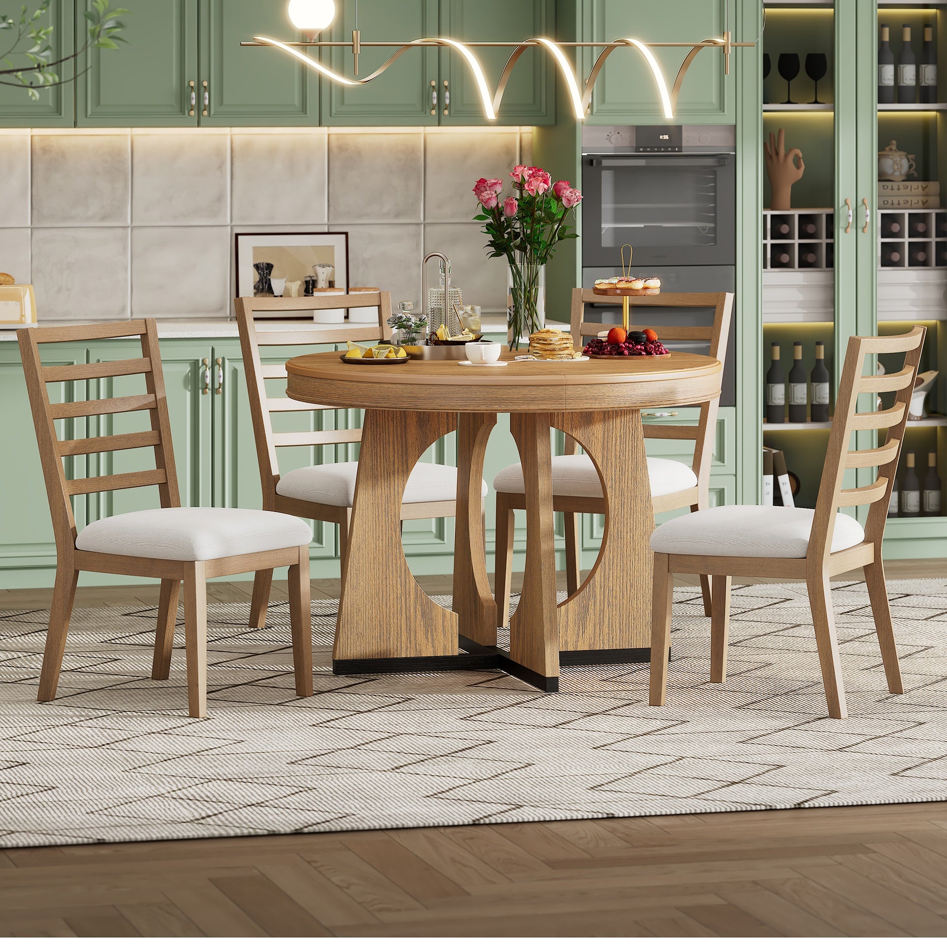 TREXM Round Dining Table for 4 with Chairs Set, Extendable Dining Table Set with 16" Removable Middle Leaf, 5 Piece Retro Dining Table Set Unique Geometric Design for Kitchen, Dining Room (Natural)