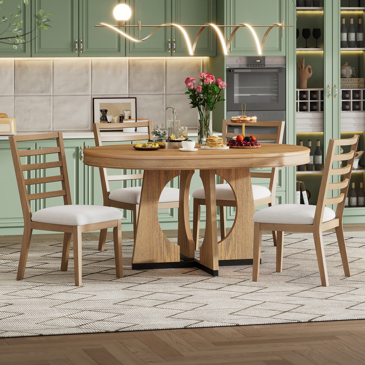 TREXM Round Dining Table for 4 with Chairs Set, Extendable Dining Table Set with 16" Removable Middle Leaf, 5 Piece Retro Dining Table Set Unique Geometric Design for Kitchen, Dining Room (Natural)