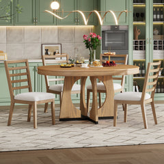 TREXM Round Dining Table for 4 with Chairs Set, Extendable Dining Table Set with 16" Removable Middle Leaf, 5 Piece Retro Dining Table Set Unique Geometric Design for Kitchen, Dining Room (Natural)