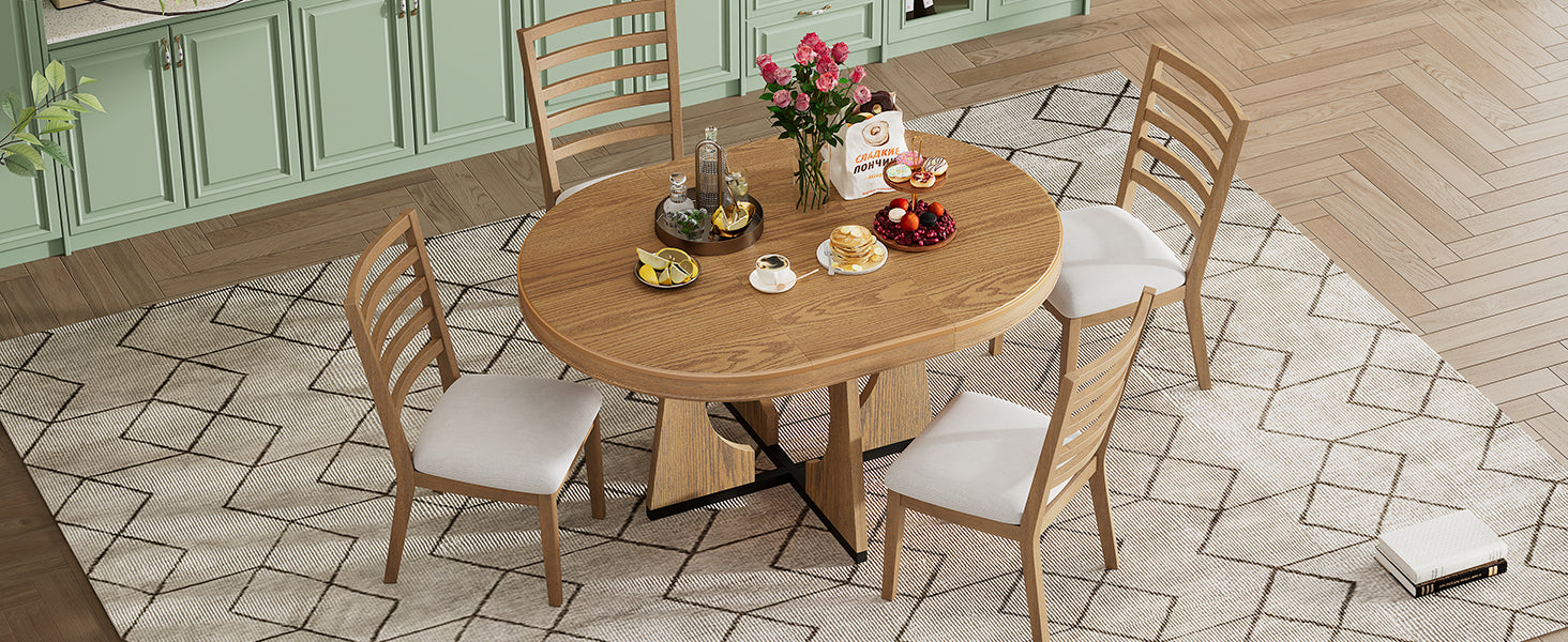 TREXM Round Dining Table for 4 with Chairs Set, Extendable Dining Table Set with 16" Removable Middle Leaf, 5 Piece Retro Dining Table Set Unique Geometric Design for Kitchen, Dining Room (Natural)