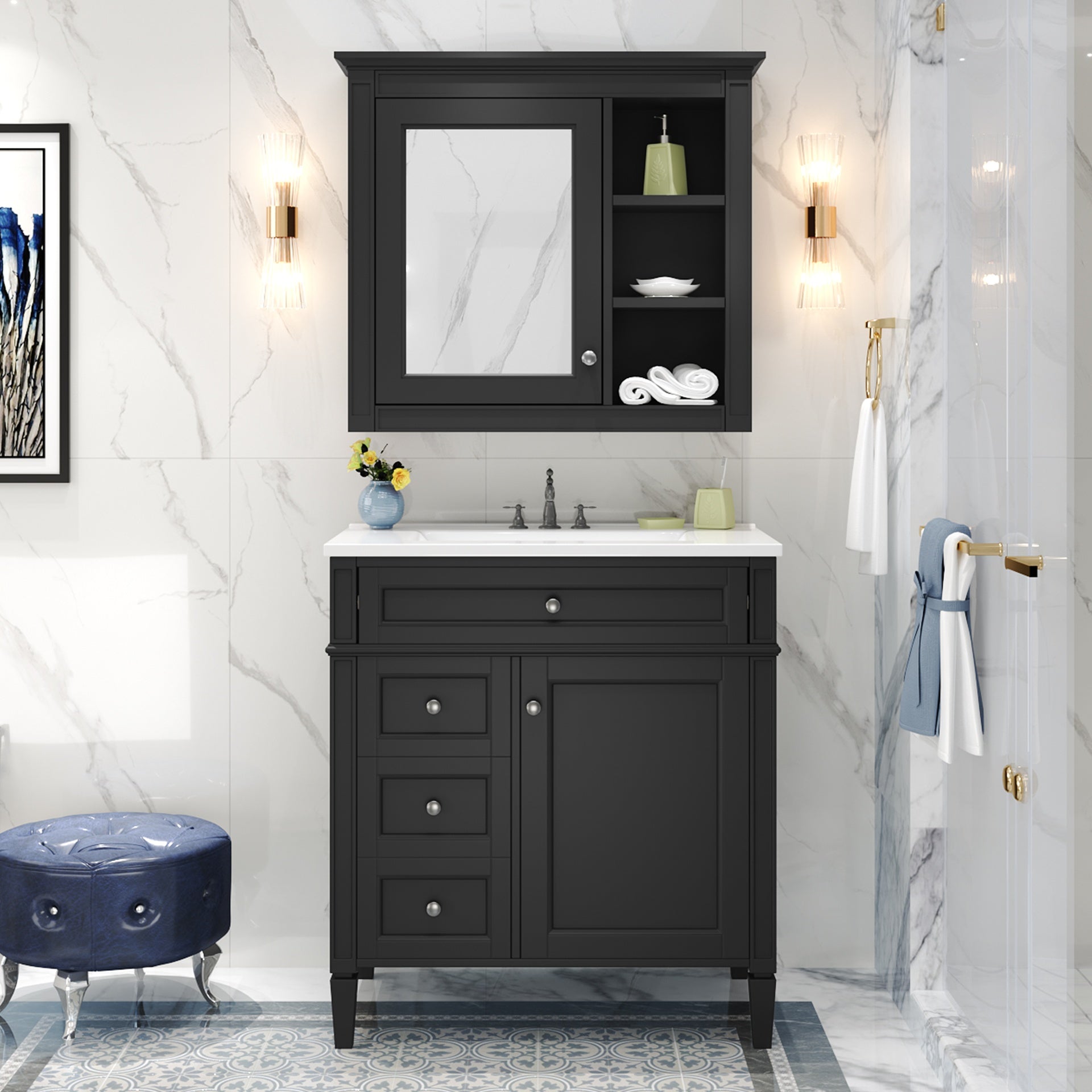 30'' Bathroom Vanity with Top Sink, Modern Bathroom Storage Cabinet with 2 Drawers and a Tip-out Drawer,  Freestanding Vanity Set with Mirror Cabinet, Single Sink Bathroom Vanity