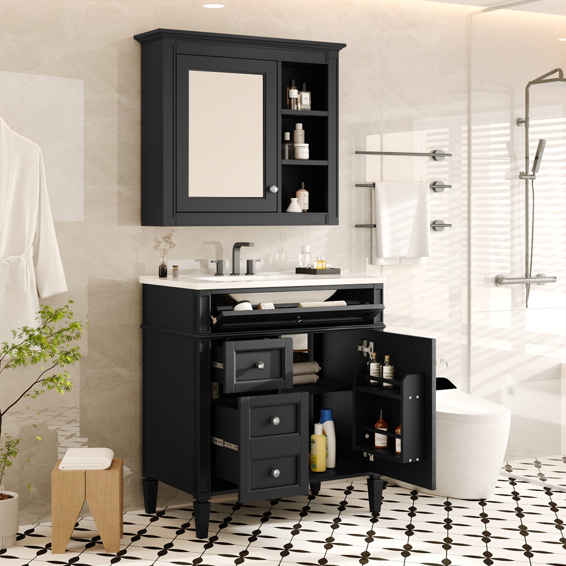 30'' Bathroom Vanity with Top Sink, Modern Bathroom Storage Cabinet with 2 Drawers and a Tip-out Drawer,  Freestanding Vanity Set with Mirror Cabinet, Single Sink Bathroom Vanity