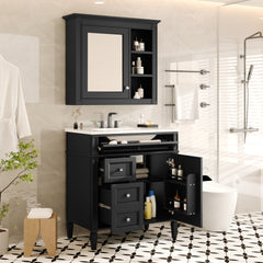 30'' Bathroom Vanity with Top Sink, Modern Bathroom Storage Cabinet with 2 Drawers and a Tip-out Drawer,  Freestanding Vanity Set with Mirror Cabinet, Single Sink Bathroom Vanity