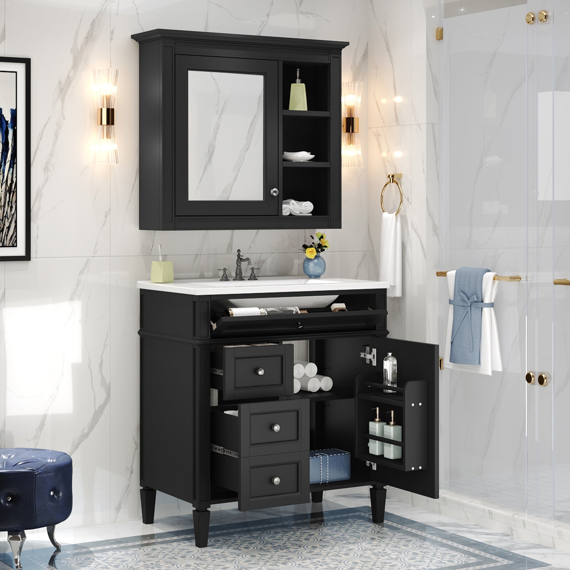 30'' Bathroom Vanity with Top Sink, Modern Bathroom Storage Cabinet with 2 Drawers and a Tip-out Drawer,  Freestanding Vanity Set with Mirror Cabinet, Single Sink Bathroom Vanity
