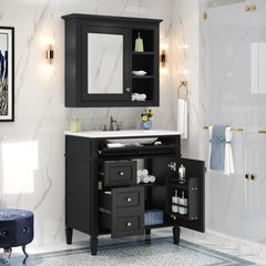 30'' Bathroom Vanity with Top Sink, Modern Bathroom Storage Cabinet with 2 Drawers and a Tip-out Drawer,  Freestanding Vanity Set with Mirror Cabinet, Single Sink Bathroom Vanity