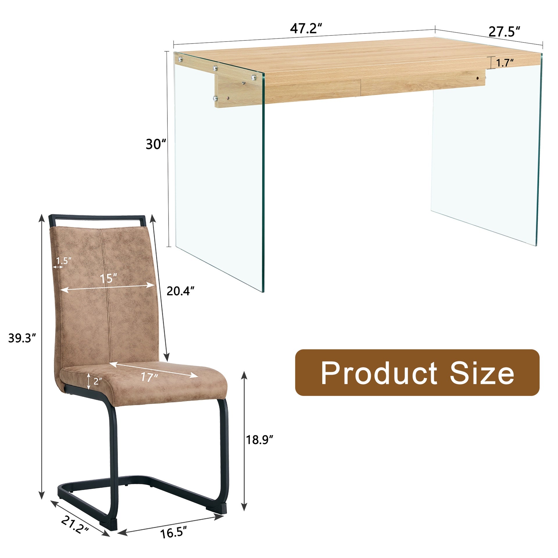 Table and chair set.Wood Texture MDF Coffee Table - Reinforced with Tempered Glass Legs.Paired with 4 brown technology fabric chairs with Featuring arched black legs.