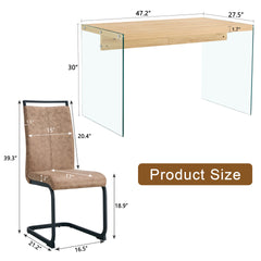 Table and chair set.Wood Texture MDF Coffee Table - Reinforced with Tempered Glass Legs.Paired with 4 brown technology fabric chairs with Featuring arched black legs.
