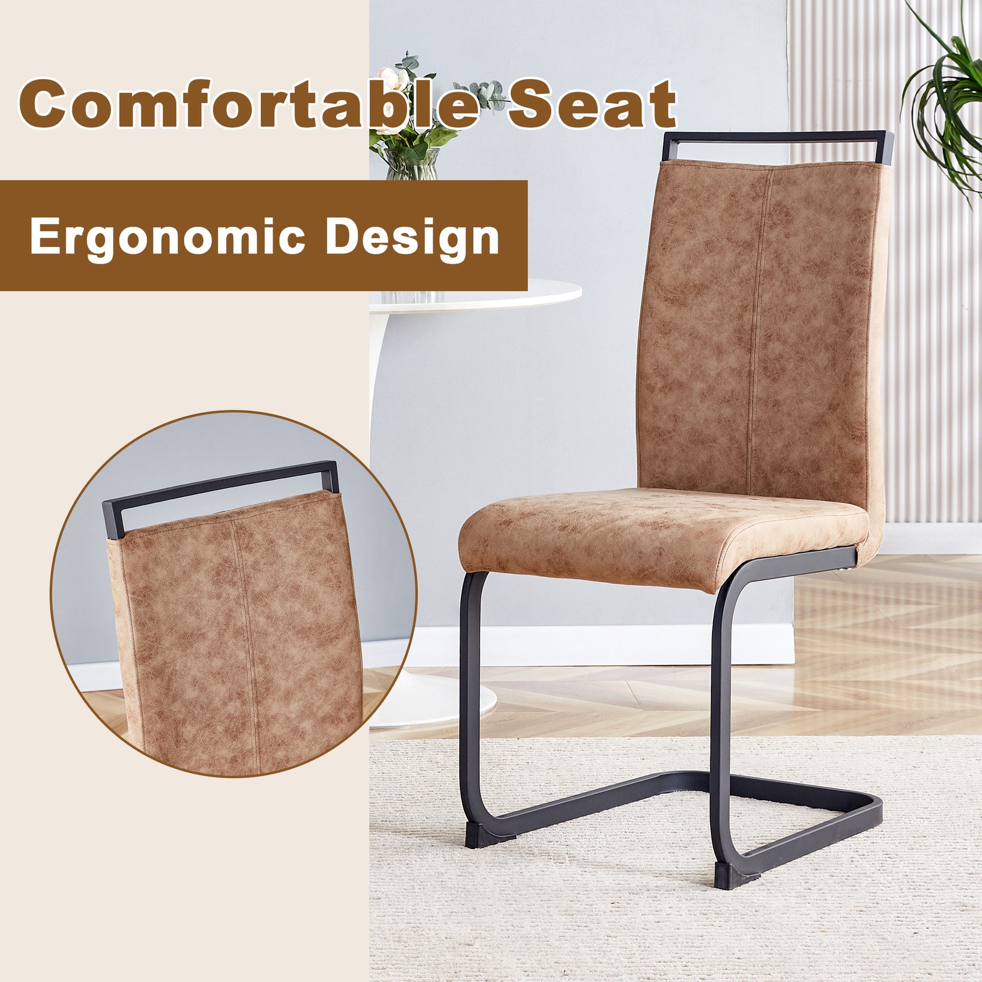 Table and chair set.Wood Texture MDF Coffee Table - Reinforced with Tempered Glass Legs.Paired with 4 brown technology fabric chairs with Featuring arched black legs.